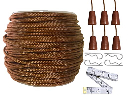 Y-Axis Roll of 60 Yards 2.0mm Light Brown (Bronze) Braided Nylon Lift Shade Cord with 6 Pack Brown Wood Cord Knobs + Soft Tape - Image 1