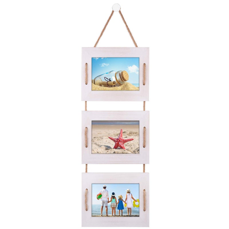 DLQuarts 5x7 Hanging Picture Frames Collage Wall Decor 3Opening Photo Frame 5x7 Without Mat  35x5 with Mat Rustic Wood 3Frame Vintage White