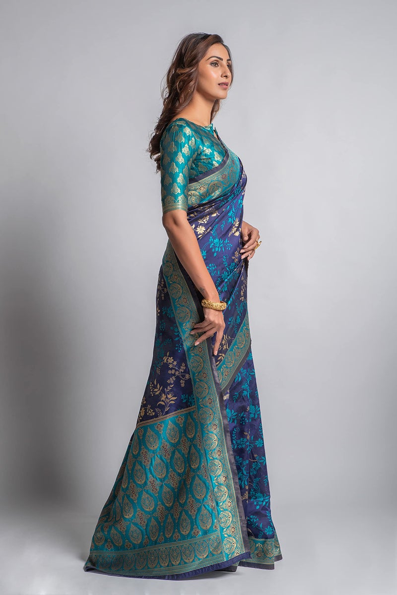 Lilots Women's Designer Banarasi Silk Jacquard Designer Saree With Blouse Piece (Blue) - Image 5