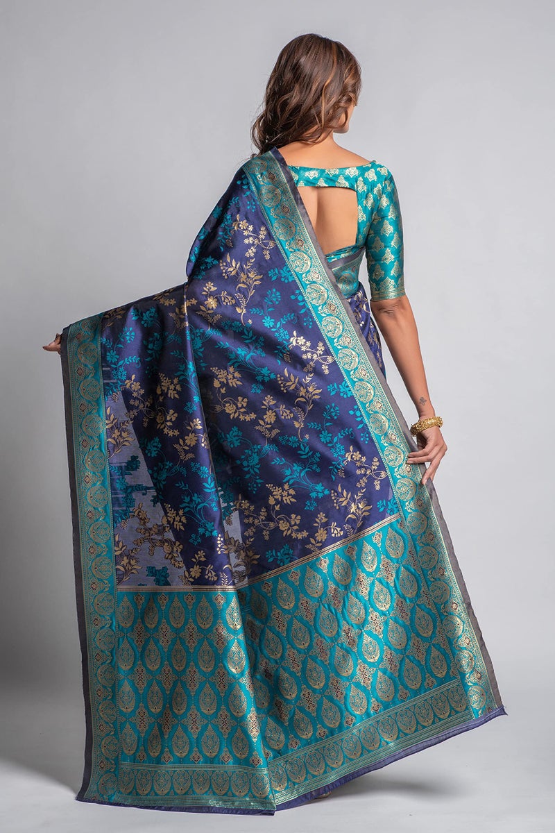 Lilots Women's Designer Banarasi Silk Jacquard Designer Saree With Blouse Piece (Blue) - Image 3