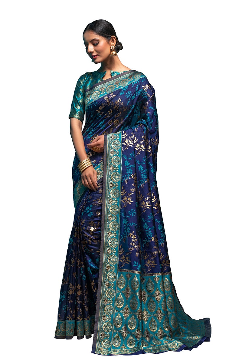 Lilots Women's Designer Banarasi Silk Jacquard Designer Saree With Blouse Piece (Blue) - Image 1