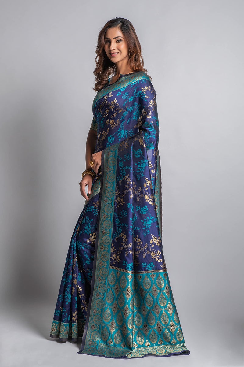 Lilots Women's Designer Banarasi Silk Jacquard Designer Saree With Blouse Piece (Blue) - Image 4