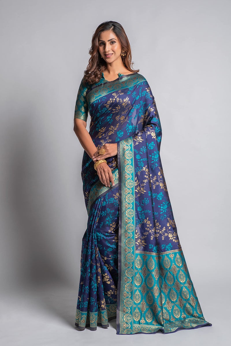 Lilots Women's Designer Banarasi Silk Jacquard Designer Saree With Blouse Piece (Blue) - Image 2