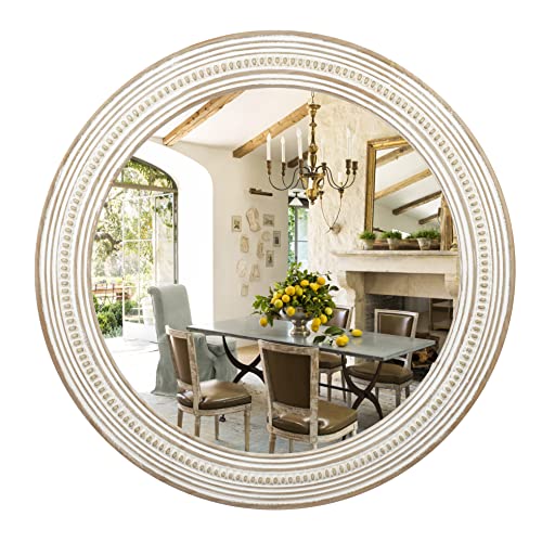 Reflinto 24 Inches Wood Round Mirrors for Wall Decor Rustic Decorative Circle Mirror for Home Office Bedroom Bathroom Living Room Entryway