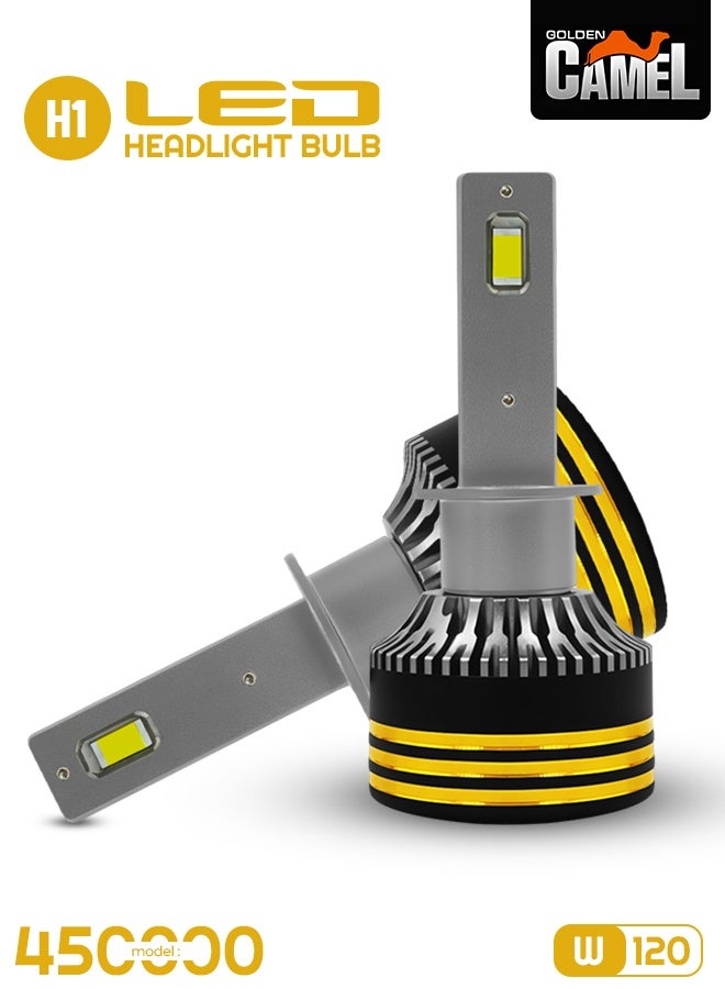 جولدن كامل مصابيح أمامية LED من Golden Camel طراز M8 Pro H1، بقدرة 120 واط (زوج)، شدة إضاءة 15000 لومن، لون أبيض 6500 كلفن، متوافقة مع نظام Canbus وخالية من الأخطاء، سهلة التركيب (توصيل وتشغيل)، مزودة بمشتت حراري من الألومنيوم، مقاومة للماء بمعيار IP65، تعمل بجهد 12-24 فولت، مناسبة للسيارات وسيارات الدفع الرباعي والشاحنات الصغيرة. - Image 1