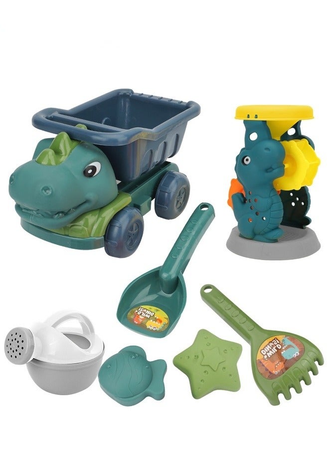 MIXDE 7 Pieces Dinosaur Shape Car Beach Toys Sand Bucket and Shovels Sand Molds Water Wheel  Set Kids Beach Toys Beach Sand Pails for Beach Travel Outdoor Tool Kit for Kids - Image 1