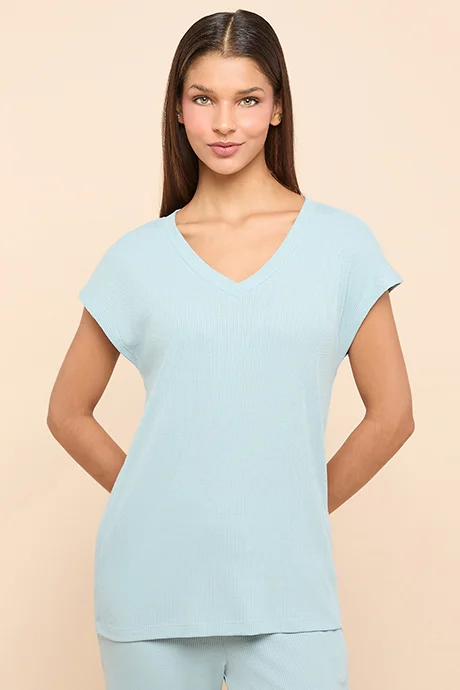 أر أند بي Ribbed Sleep Top With V-Neck and Short Sleeves