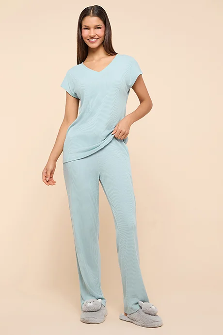 أر أند بي Ribbed Sleep Top With V-Neck and Short Sleeves