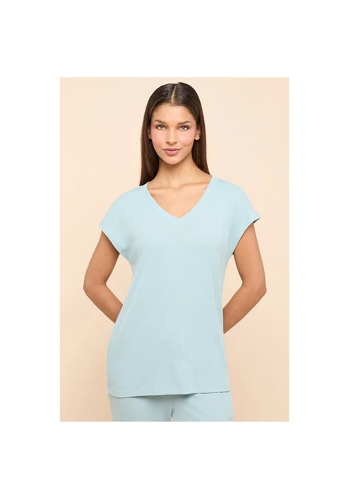 أر أند بي Ribbed Sleep Top With V-Neck and Short Sleeves