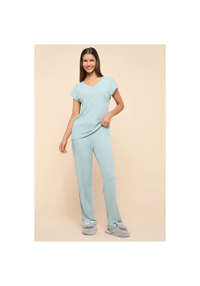 أر أند بي Ribbed Sleep Top With V-Neck and Short Sleeves