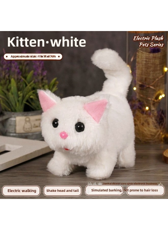 Children's Pet Simulation Rabbit Dog Doll Plush Electric Toy Vocal Walking Calling Electric Men And Women-Color:Kitten (white)-Specification:Naked  - Image 1