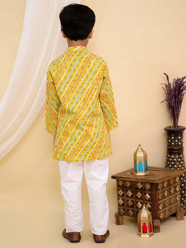 superminis Cottton Full Sleeves Lehariya Printed Kurta Pyjama Set for Boys (2-3 Years, Mustard) - Image 3