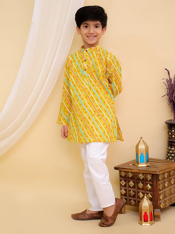 superminis Cottton Full Sleeves Lehariya Printed Kurta Pyjama Set for Boys (2-3 Years, Mustard) - Image 4