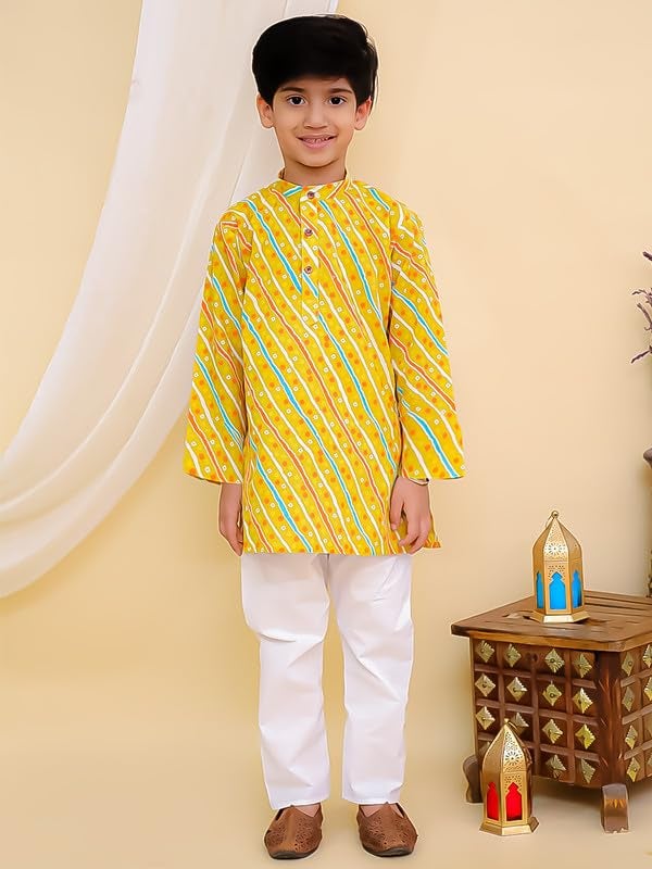 superminis Cottton Full Sleeves Lehariya Printed Kurta Pyjama Set for Boys (2-3 Years, Mustard) - Image 2