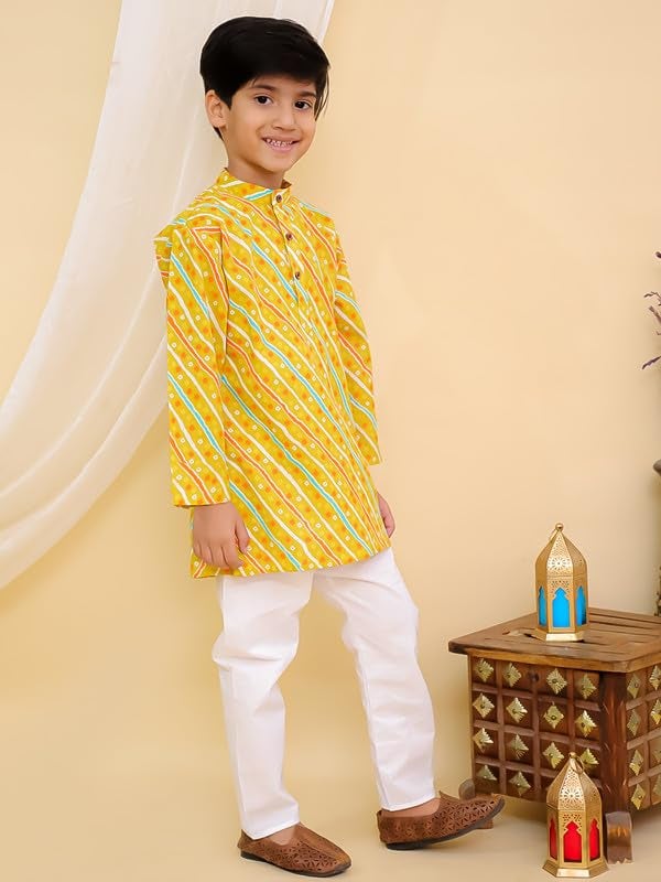 superminis Cottton Full Sleeves Lehariya Printed Kurta Pyjama Set for Boys (2-3 Years, Mustard) - Image 5