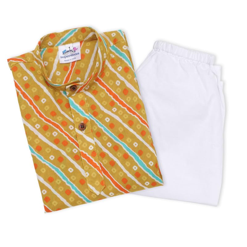 superminis Cottton Full Sleeves Lehariya Printed Kurta Pyjama Set for Boys (2-3 Years, Mustard) - Image 1