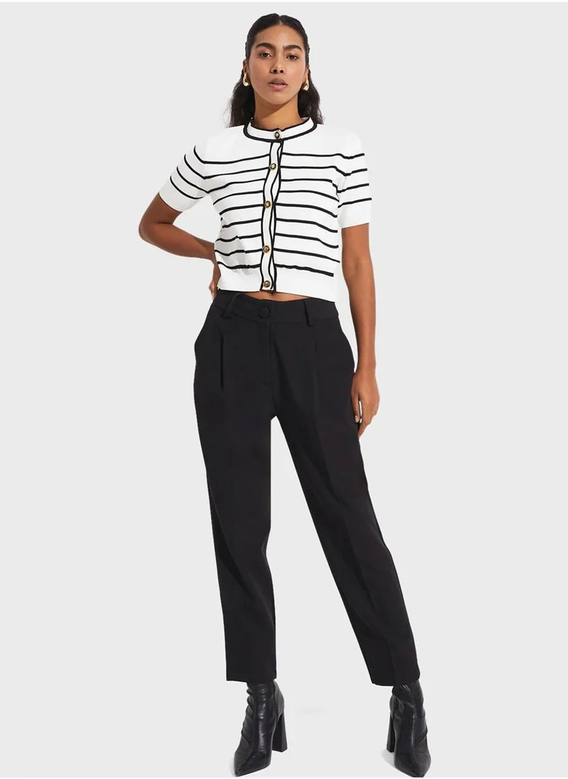 JUNE Round Neck Knitted Striped Cardigan