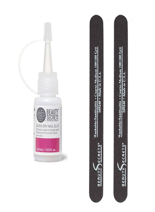 Beauty Secrets Quick Dry Nail Glue .5 Fl Oz Bundled with Nail File Black Cushion Medium Coarse 180/100 Grit (2 Pack) by Beauty Secrets - Image 1