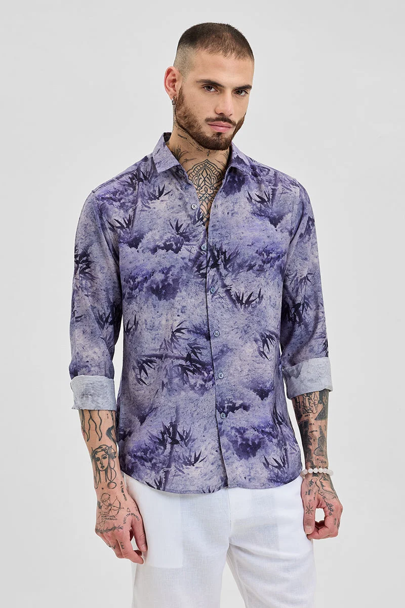 سنيتش Purple Abstract Long Sleeve Slim Fit Casual Shirt