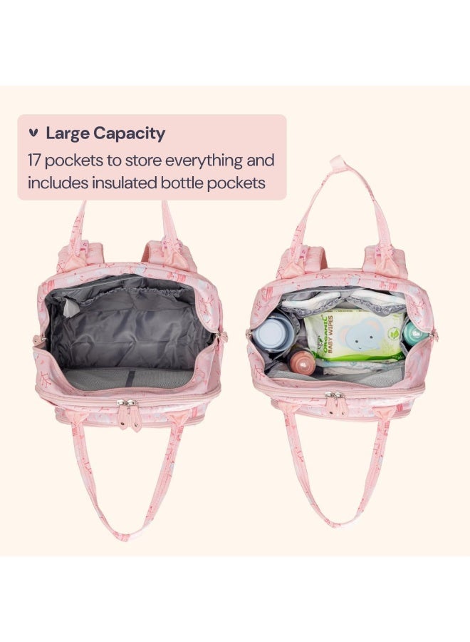 BabbleRoo Diaper Bag Backpack - Baby Essentials, Travel Essentials Baby Bag with Changing Pad, Stroller Straps & Pacifier Case - Unisex, Pink Birdy - Image 2