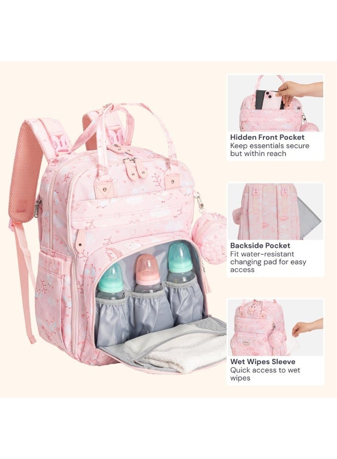 BabbleRoo Diaper Bag Backpack - Baby Essentials, Travel Essentials Baby Bag with Changing Pad, Stroller Straps & Pacifier Case - Unisex, Pink Birdy - Image 4
