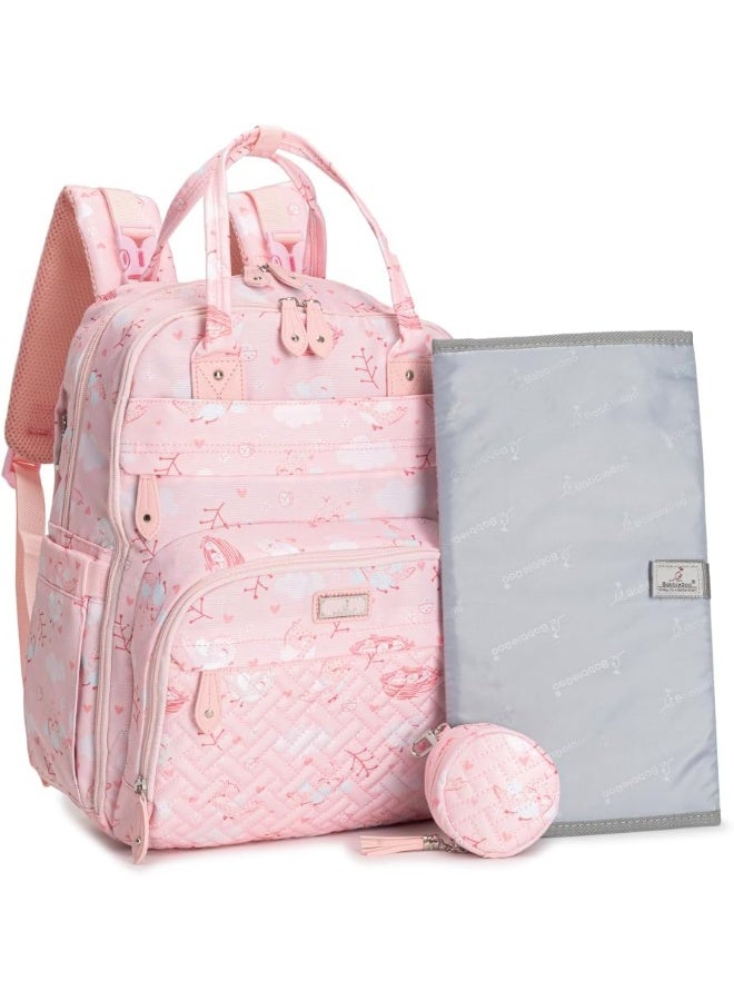 BabbleRoo Diaper Bag Backpack - Baby Essentials, Travel Essentials Baby Bag with Changing Pad, Stroller Straps & Pacifier Case - Unisex, Pink Birdy - Image 1