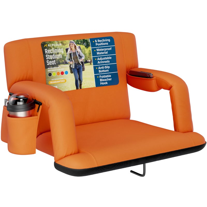 Alpcour Alpcour Reclining Stadium Seat  Wide Bleacher Chair with Back Support and Cushion Armrests Side Pockets and Bleachers Hook  Best Stadium Seats Chairs for Camping Kayak  Paddle Board Backs 