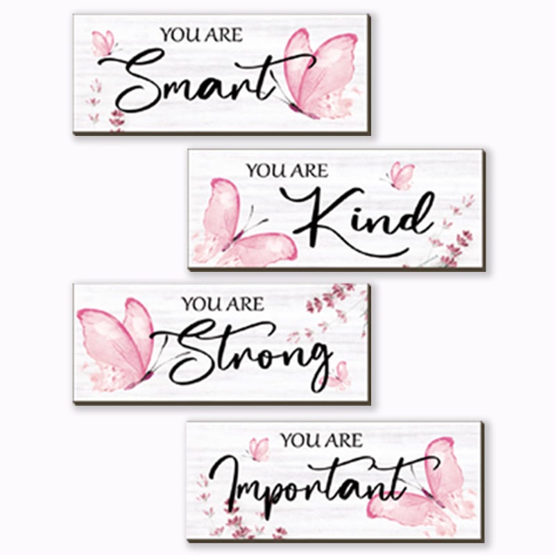 DONFENTHY 4 Pcs Butterfly Wall Decor Pink Room Decor Wooden Positive Butterfly Decor with Butterfly Inspirational Word Sign for Teen Girls Women Room Bathroom Bedroom Office Decor(Pink,10x4 Inch) - Image 1