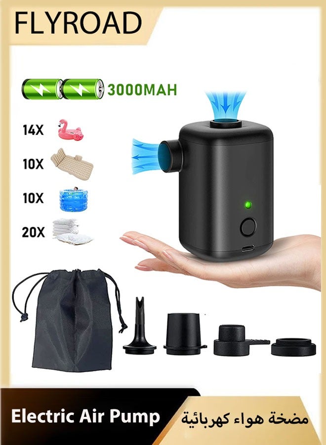 فلاي رود مضخة هواء للمرتبة الهوائية، ضاغط هواء محمول مع 4 فوهات، ضغط نفخ 4000 باسكال وسعة بطارية 3000 مللي أمبير في الساعة، مستوى مقاومة للماء IPX4 وتوفير المساحة، للتخييم في الهواء الطلق، قارب قابل للنفخ، حمام سباحة، سيارة لعبة، سرير هوائي - Image 1