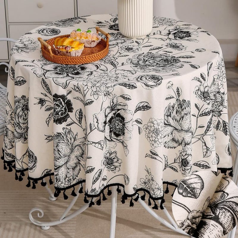 F-CHU Floral Round Tablecloth 60 Inch Cotton Linen Table Cloth with Tassels for Restaurant, Picnic, Indoor and Table Cover Home Decoration, Floralï¼ˆBlack - Image 2