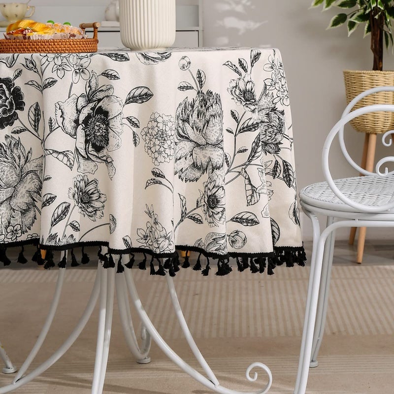 F-CHU Floral Round Tablecloth 60 Inch Cotton Linen Table Cloth with Tassels for Restaurant, Picnic, Indoor and Table Cover Home Decoration, Floralï¼ˆBlack - Image 3