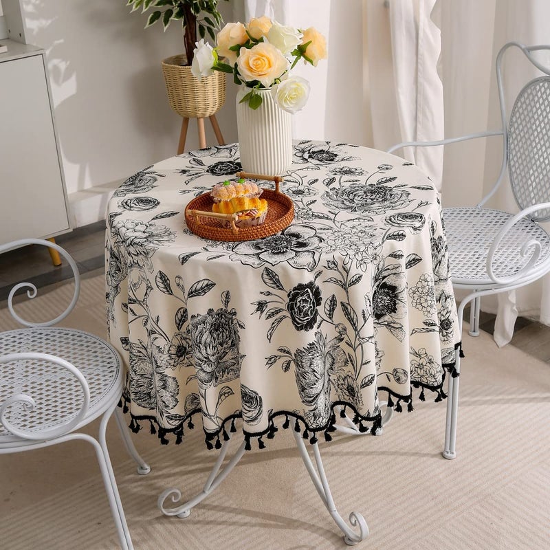 F-CHU Floral Round Tablecloth 60 Inch Cotton Linen Table Cloth with Tassels for Restaurant, Picnic, Indoor and Table Cover Home Decoration, Floralï¼ˆBlack - Image 5
