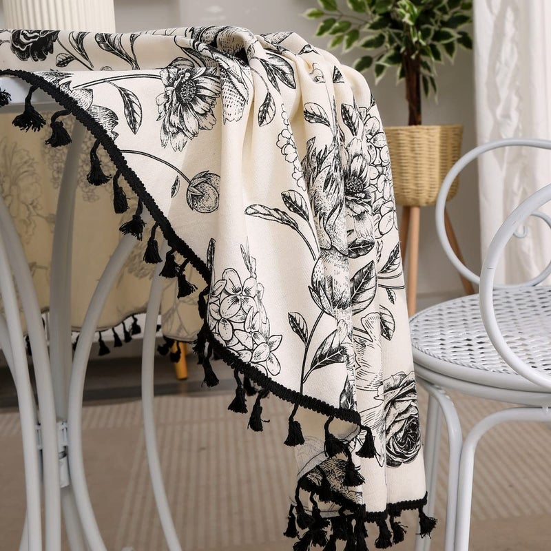 F-CHU Floral Round Tablecloth 60 Inch Cotton Linen Table Cloth with Tassels for Restaurant, Picnic, Indoor and Table Cover Home Decoration, Floralï¼ˆBlack - Image 4