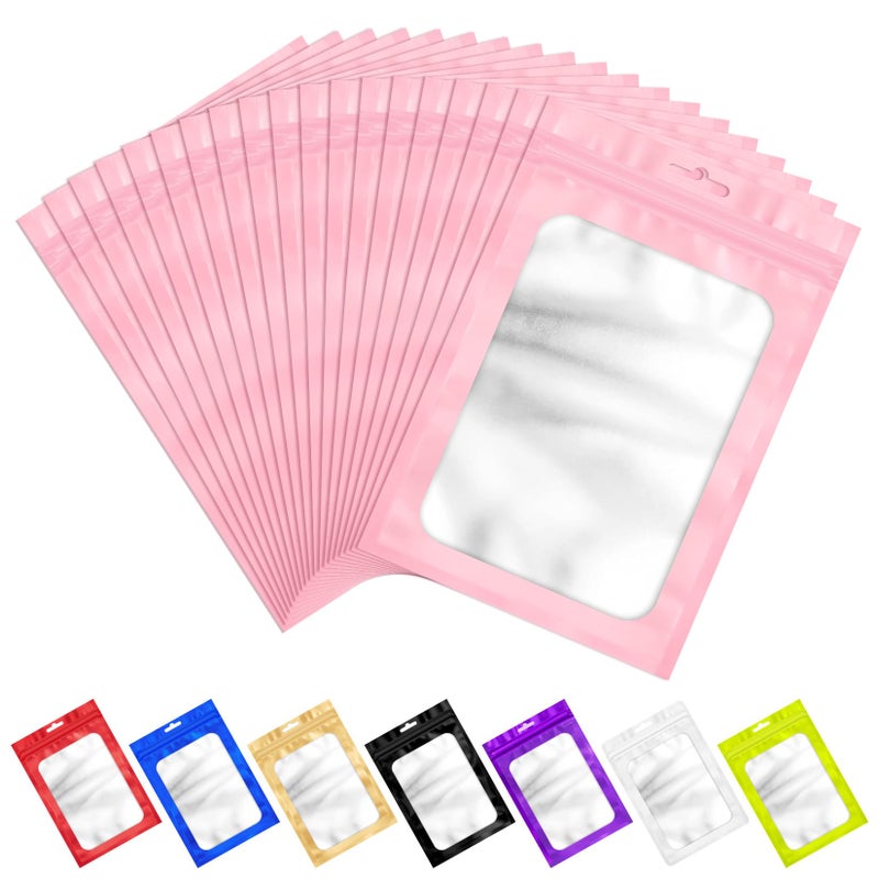 ANZNKU 100 PCS Pink Resealable Mylar Bags with Zip and Frosted Clear Window Smell Proof Packaging Bags Foil Pouch Zip Bag for Food Self Sealing Storage Supplies 2.75Ã—3.93 - Image 1