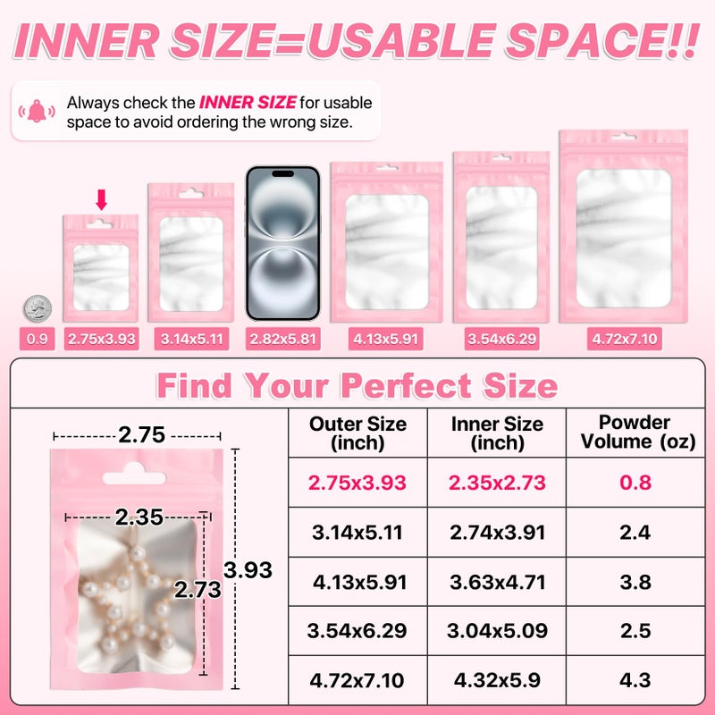 ANZNKU 100 PCS Pink Resealable Mylar Bags with Zip and Frosted Clear Window Smell Proof Packaging Bags Foil Pouch Zip Bag for Food Self Sealing Storage Supplies 2.75Ã—3.93 - Image 2