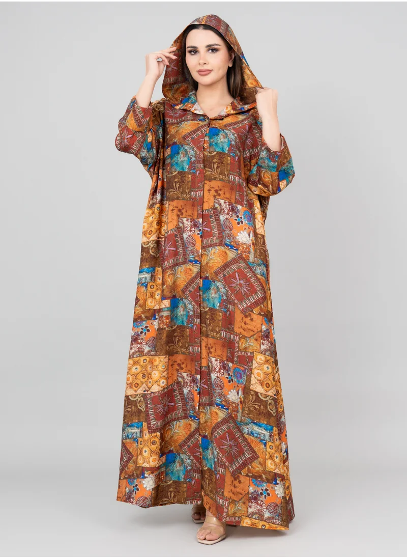 IKKXA Pattern Printed Hooded Jalabiya IK1020 Red