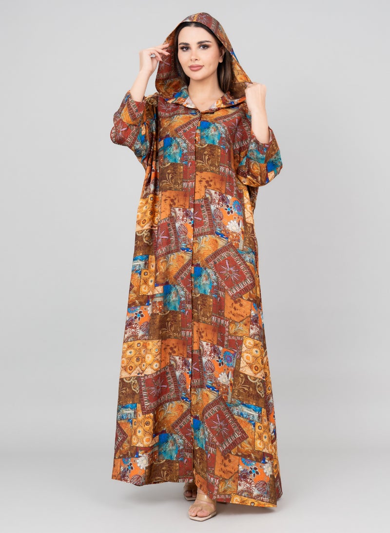 IKKXA Pattern Printed Hooded Jalabiya IK1020 Red - Image 1