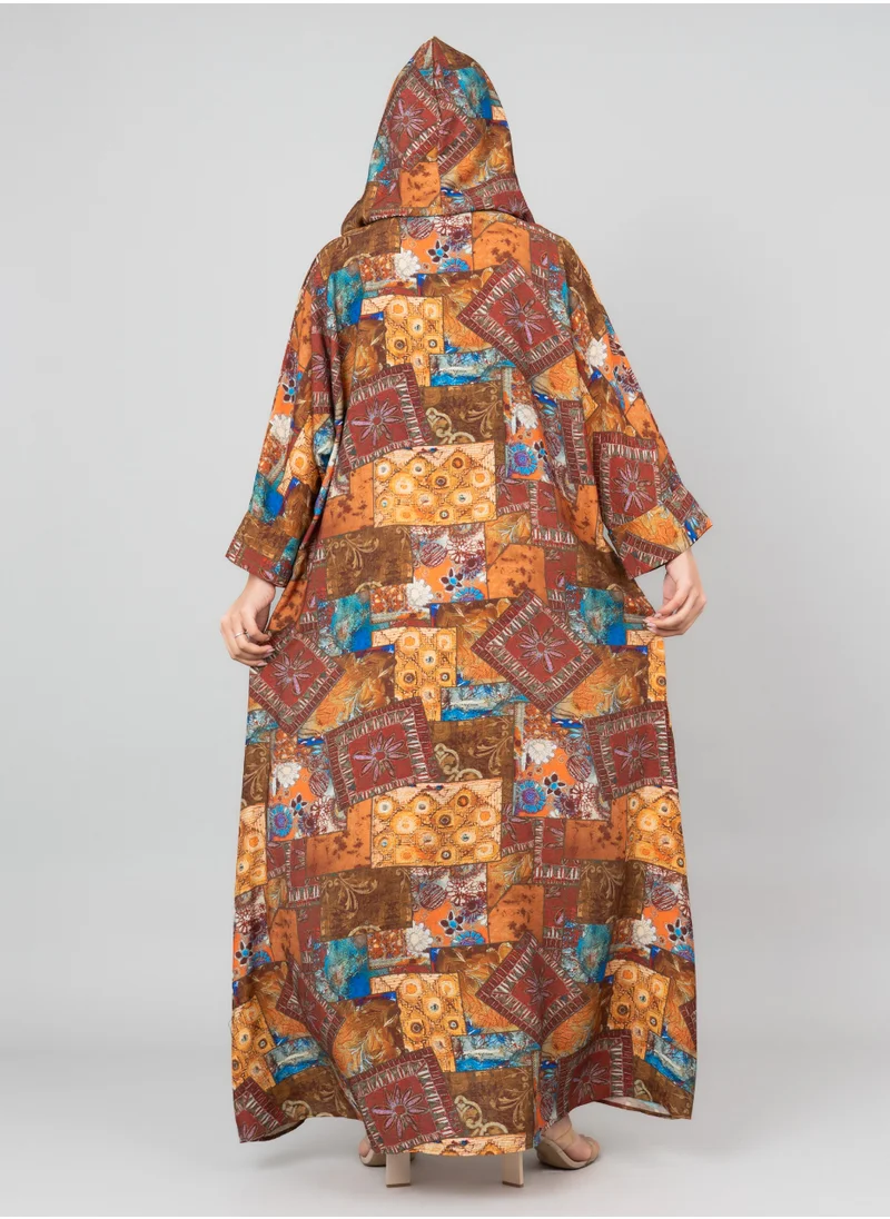 IKKXA Pattern Printed Hooded Jalabiya IK1020 Red