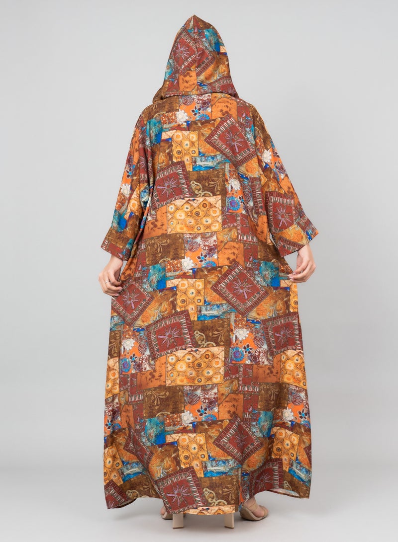 IKKXA Pattern Printed Hooded Jalabiya IK1020 Red - Image 2