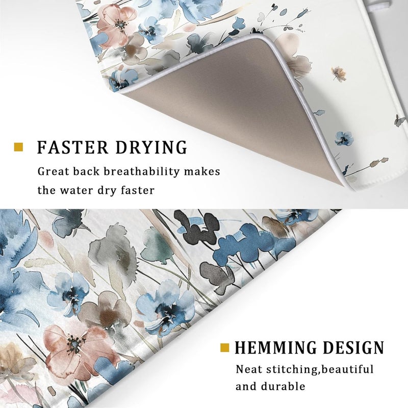 Giwawa Watercolor Floral Dish Drying Mat, 18"x24" Blue Grey Brown Flowers Kitchen Drainer Mats, Spring Summer Wildflower Microfiber Large Dish Drying Pad for Countertop Tabletop Decoration - Image 3