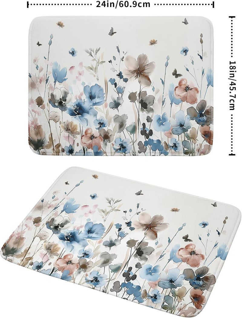 Giwawa Watercolor Floral Dish Drying Mat, 18"x24" Blue Grey Brown Flowers Kitchen Drainer Mats, Spring Summer Wildflower Microfiber Large Dish Drying Pad for Countertop Tabletop Decoration - Image 2