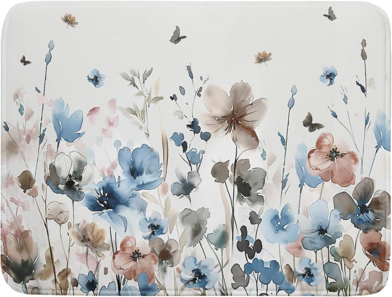 Giwawa Watercolor Floral Dish Drying Mat, 18"x24" Blue Grey Brown Flowers Kitchen Drainer Mats, Spring Summer Wildflower Microfiber Large Dish Drying Pad for Countertop Tabletop Decoration - Image 1