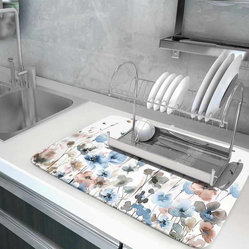 Giwawa Watercolor Floral Dish Drying Mat, 18"x24" Blue Grey Brown Flowers Kitchen Drainer Mats, Spring Summer Wildflower Microfiber Large Dish Drying Pad for Countertop Tabletop Decoration - Image 5