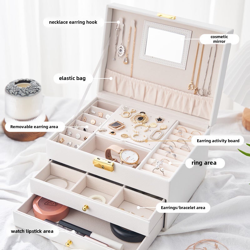 Three-layer Jewelry Storage Box Drawer Type Children's Jewelry Box Multi-function Earrings Earrings Storage Jewelry Box(White, 23*17*13.5cm) - Image 5