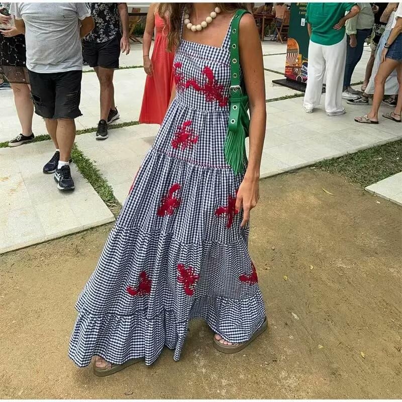 XPONNI Gingham Dress Lobster Summer Maxi Dresses for Women 2024 Shrimp Long Dress Flowy Ruffle Linen Sun Dress (Black,S,Small) - Image 2