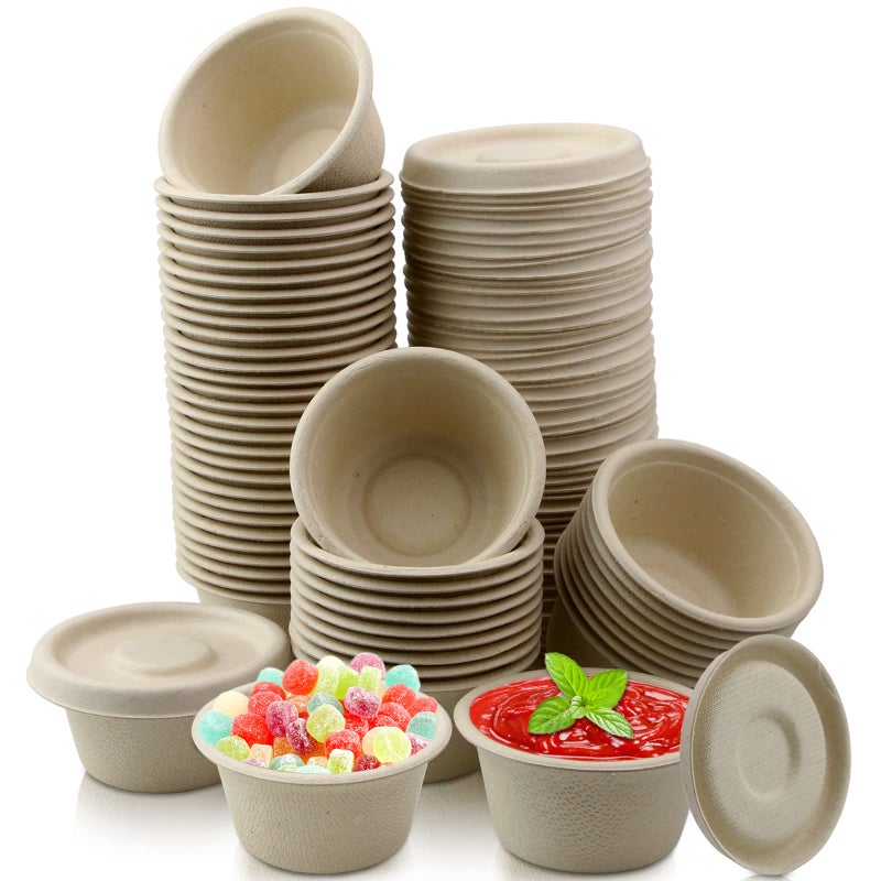 Vmiapxo Vmiapxo 100 Sets 2oz Natural Bagasse Fiber Condiment Cups with Lids Compostable Sauce Condiment Containers Disposable Paper Dishes Serving Sample Cups for Snack Tasting Charcuterie 