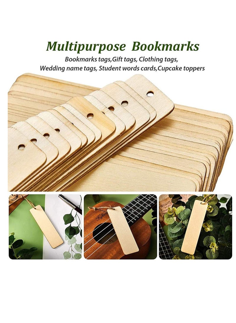 Generic - DIY Wooden Blank Bookmarks for Crafting - Unfinished Rectangle Tags with Holes and Ropes for Wedding and Birthday Party Decorations - Set of 24 - Image 1
