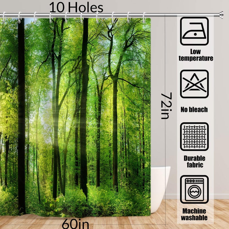 Yeele Nature Landscape Shower Curtain Green Trees Forest Bathroom Curtains Spring Sunrise Jungle Themed Scenery Waterproof Bathtub Decor with Plastic Hooks,60x72in - Image 2