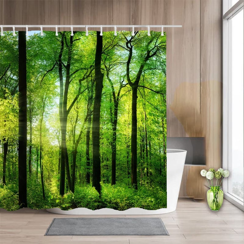 Yeele Nature Landscape Shower Curtain Green Trees Forest Bathroom Curtains Spring Sunrise Jungle Themed Scenery Waterproof Bathtub Decor with Plastic Hooks,60x72in - Image 5