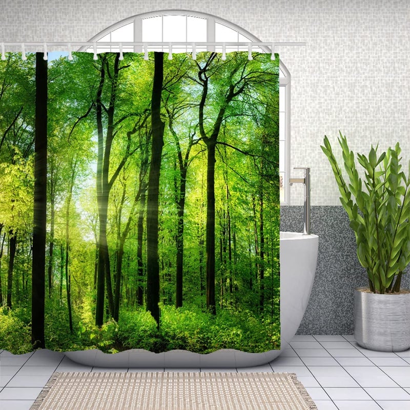 Yeele Nature Landscape Shower Curtain Green Trees Forest Bathroom Curtains Spring Sunrise Jungle Themed Scenery Waterproof Bathtub Decor with Plastic Hooks,60x72in - Image 4